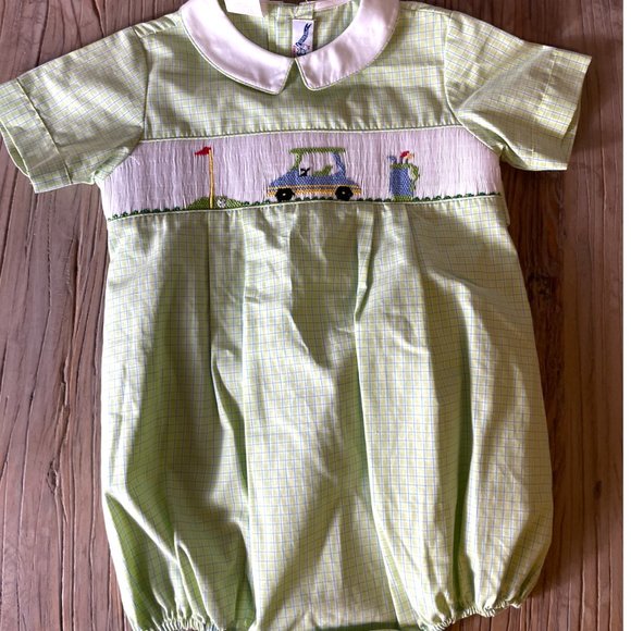 Silly Goose Hand Smocked Golf Romper Shortall - Picture 1 of 9